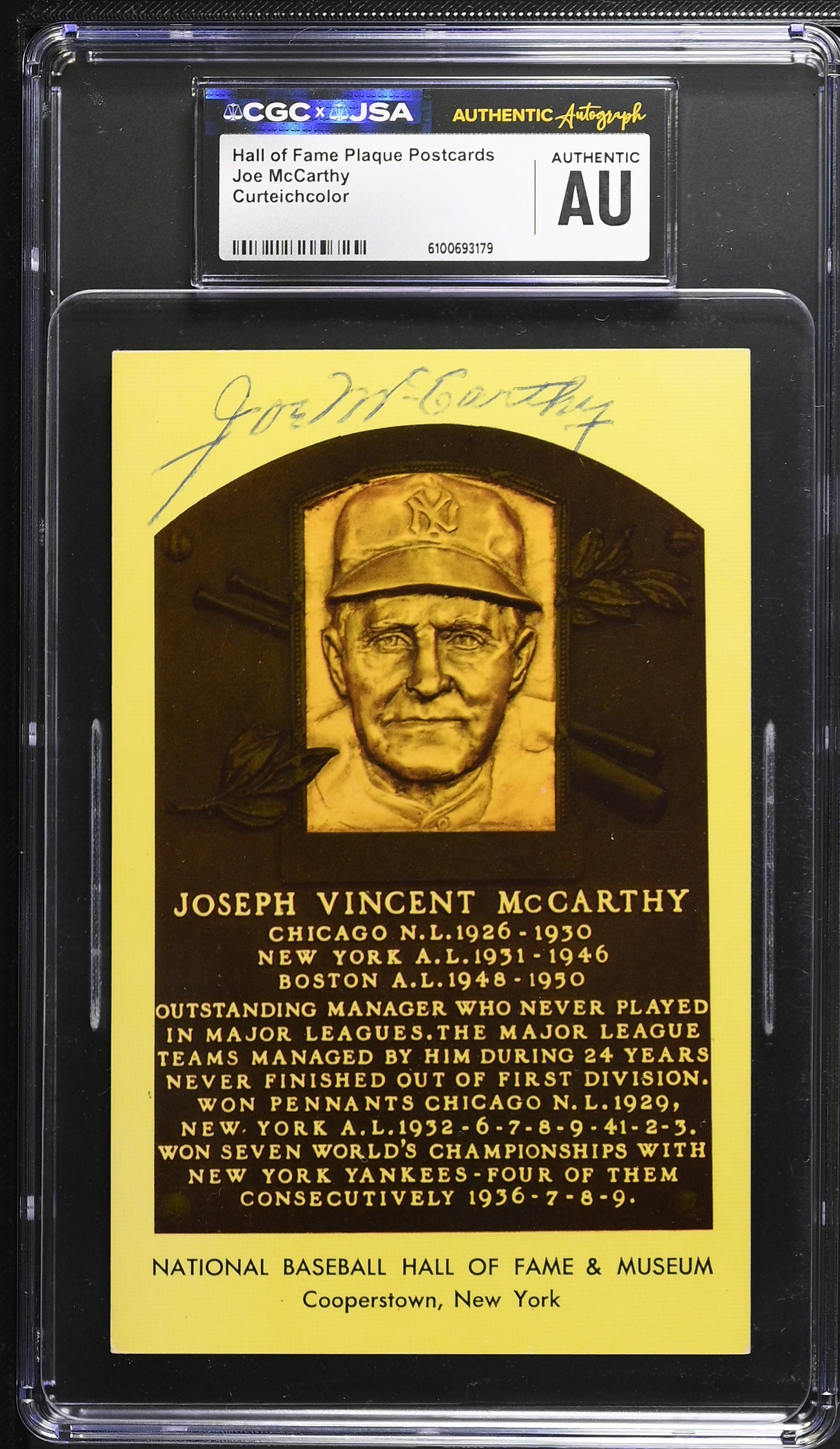 Joe McCarthy Signed/Auto Gold HOF Plaque Postcard CGC x JSA Yankees BA206476