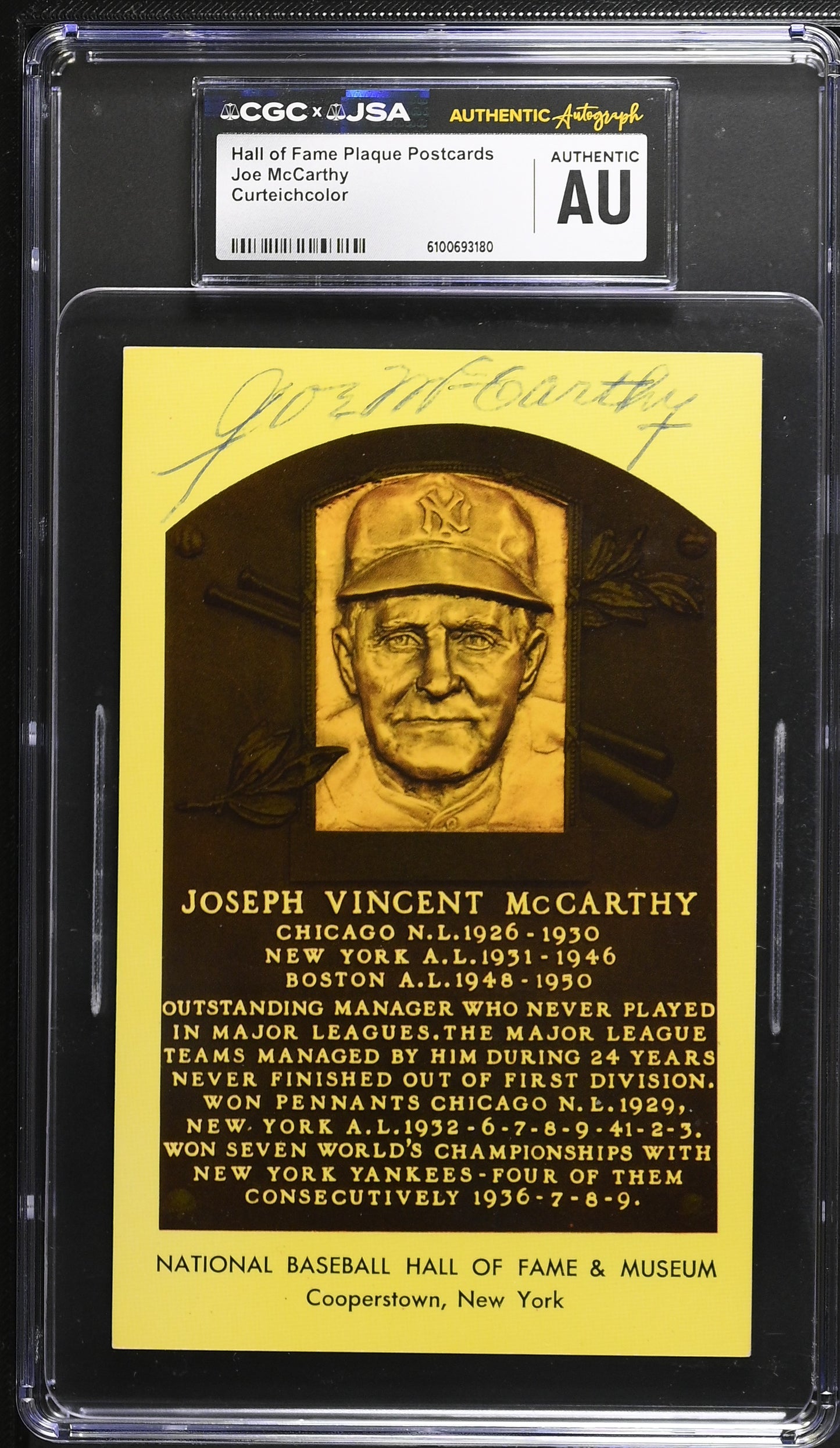 Joe McCarthy Signed/Auto Gold HOF Plaque Postcard CGC x JSA Yankees BA206477