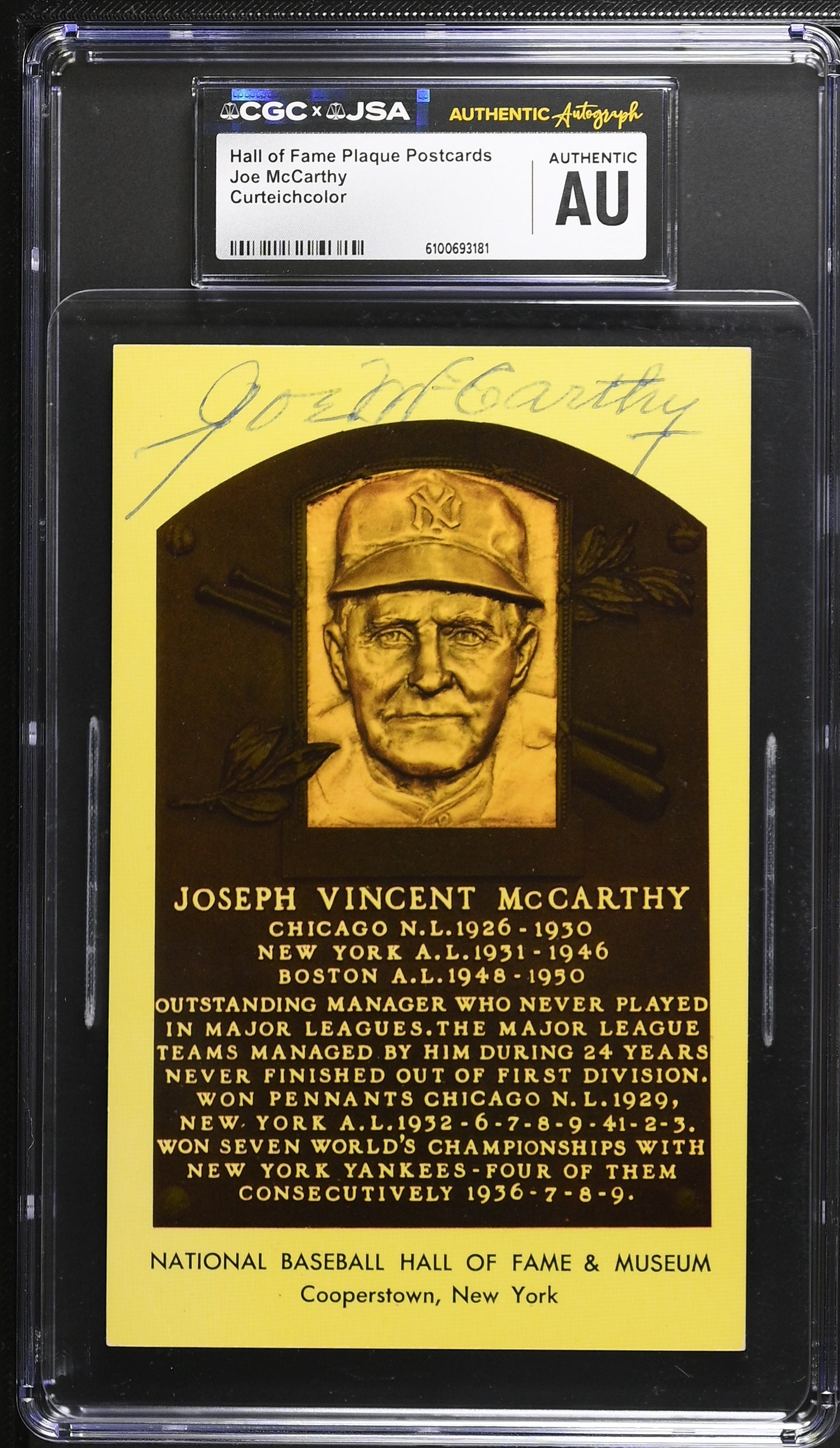 Joe McCarthy Signed/Auto Gold HOF Plaque Postcard CGC x JSA Yankees BA206478