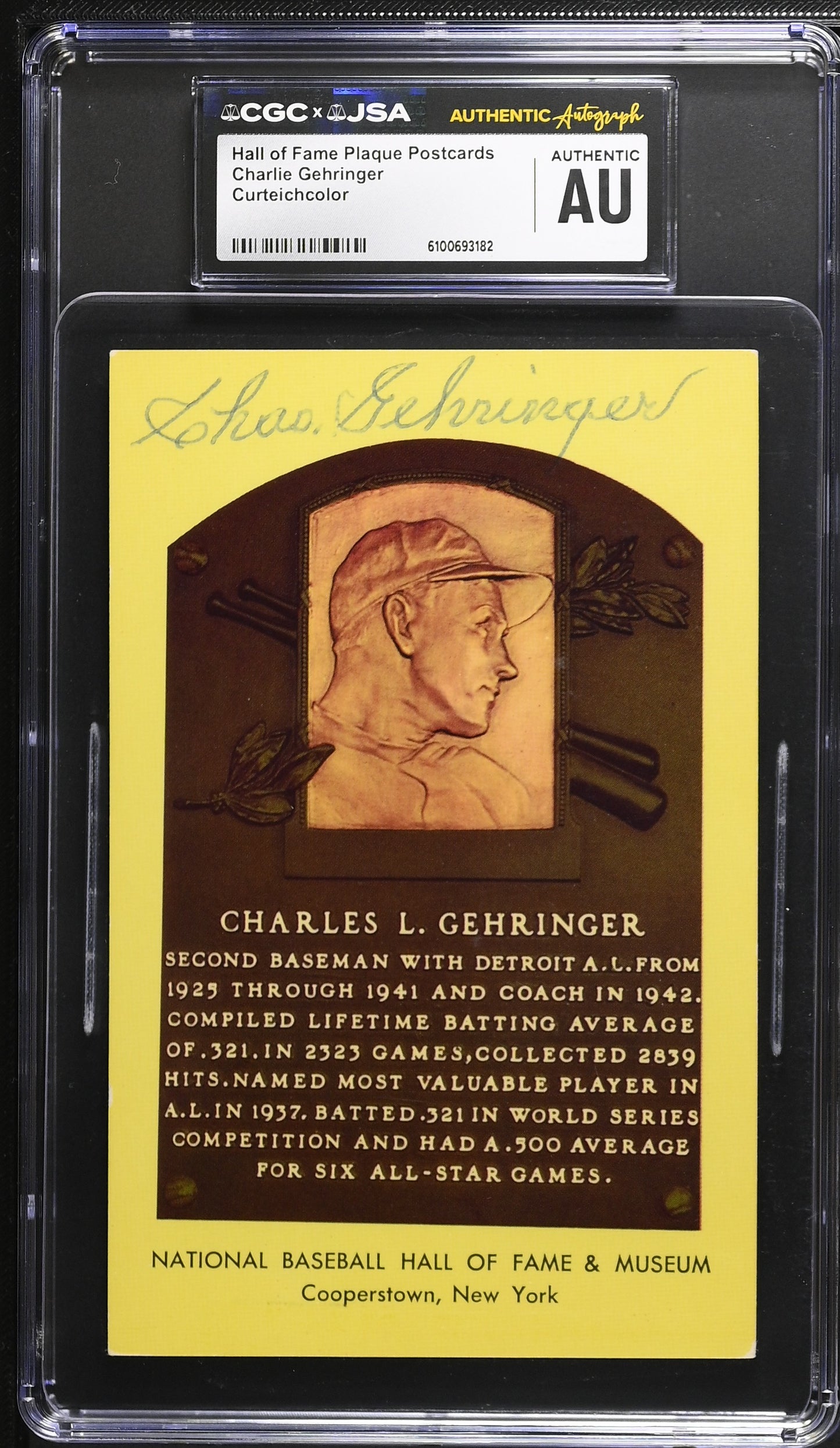 Charlie Gehringer Signed/Auto Gold HOF Plaque Postcard CGC x JSA Tigers BA206479