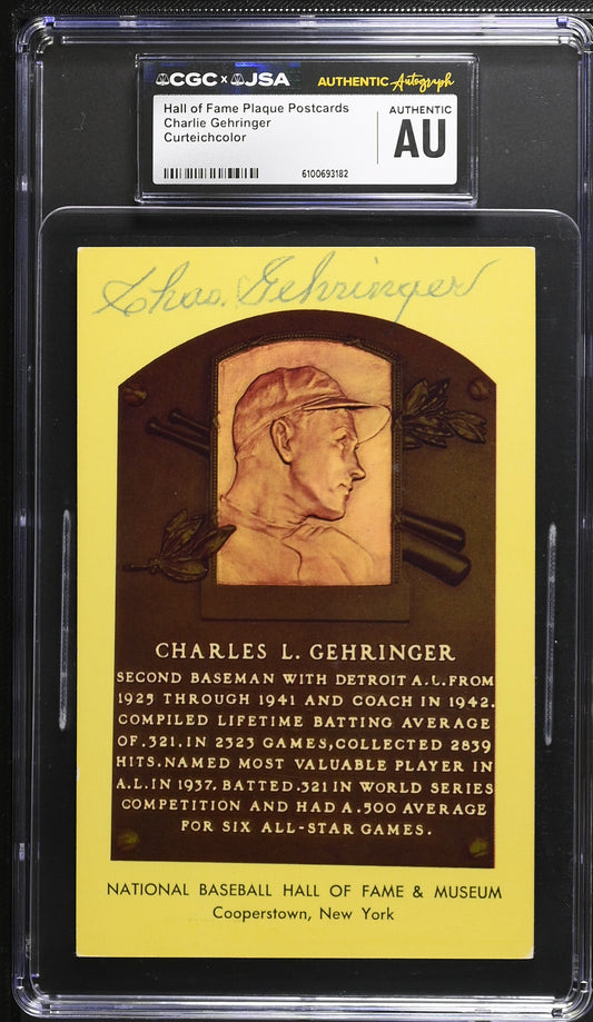 Charlie Gehringer Signed/Auto Gold HOF Plaque Postcard CGC x JSA Tigers BA206479