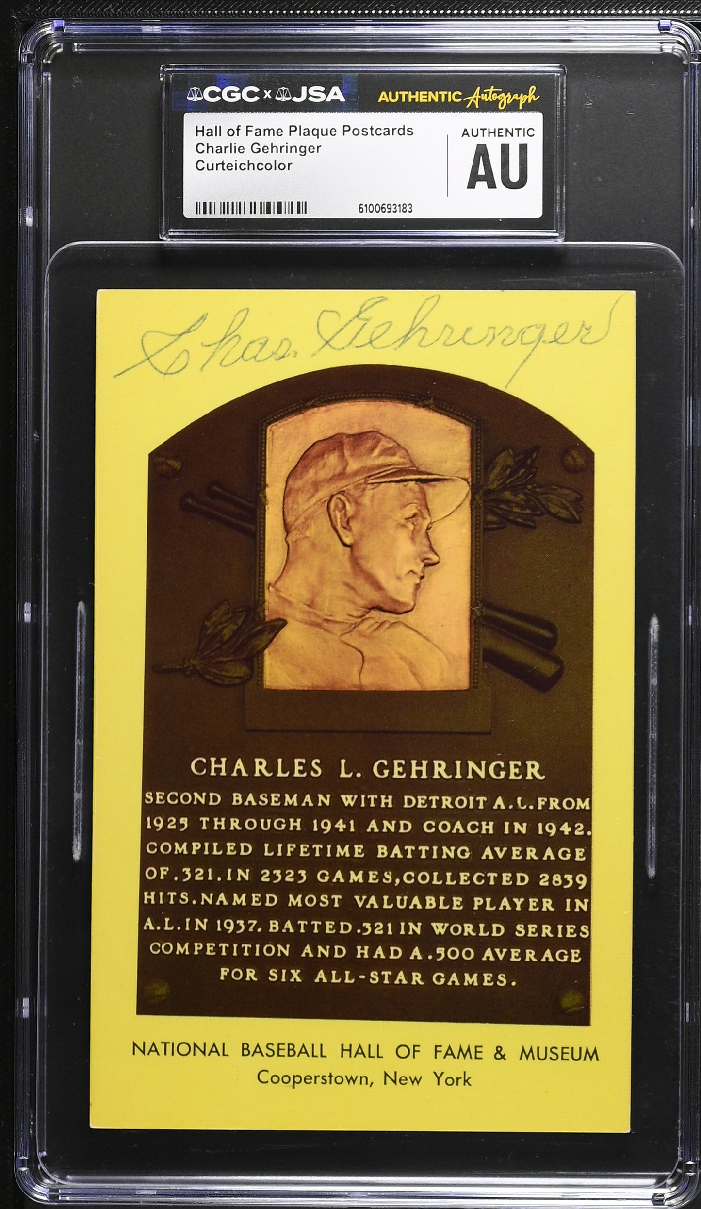 Charlie Gehringer Signed/Auto Gold HOF Plaque Postcard CGC x JSA Tigers BA206480