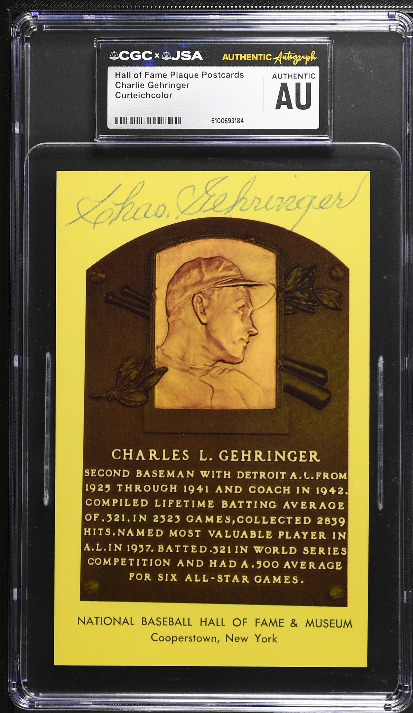 Charlie Gehringer Signed/Auto Gold HOF Plaque Postcard CGC x JSA Tigers BA206481