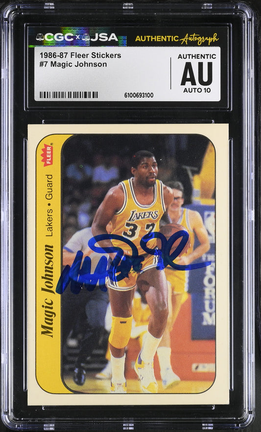 Magic Johnson 1986-87 Fleer Stickers Signed/Auto Card #7 CGC x JSA 10 BA206488