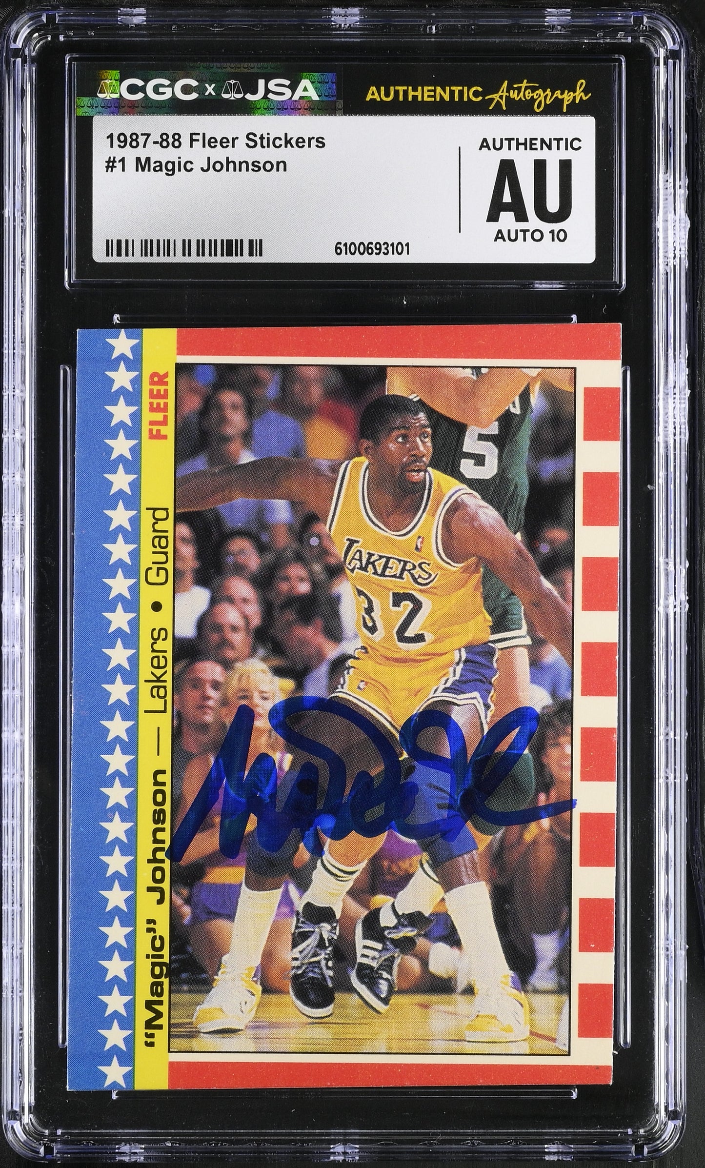 Magic Johnson 1987-88 Fleer Stickers Signed/Auto Card #1 CGC x JSA 10 BA206489