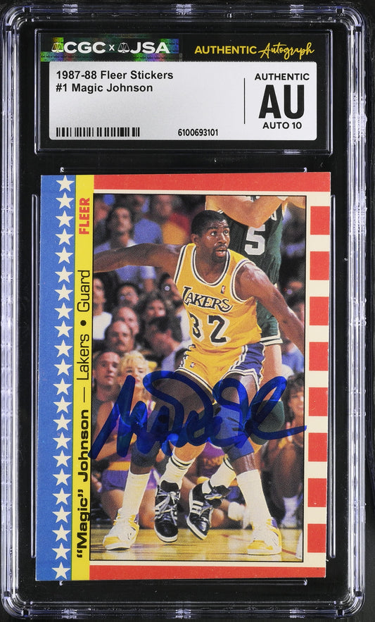 Magic Johnson 1987-88 Fleer Stickers Signed/Auto Card #1 CGC x JSA 10 BA206489