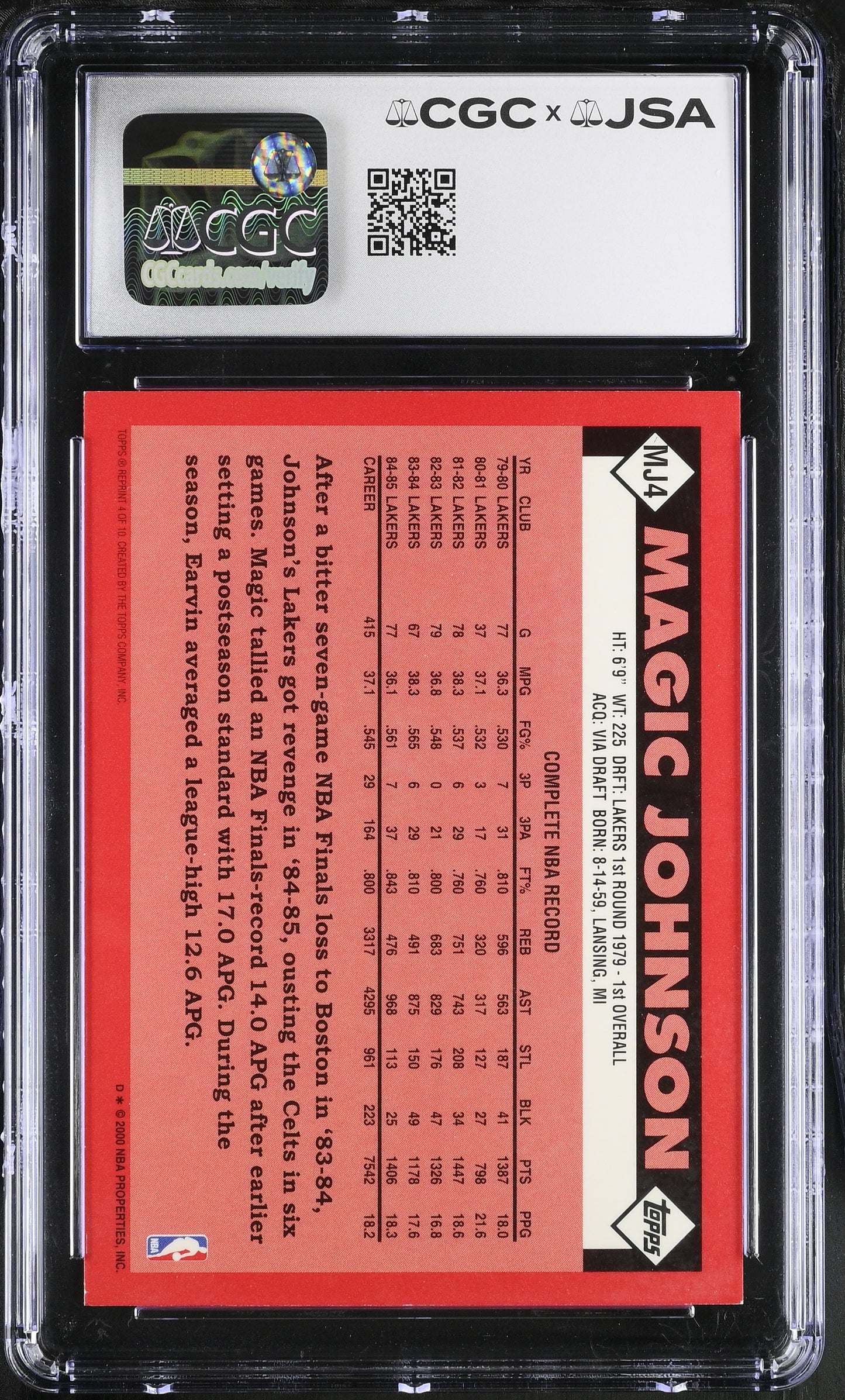 Magic Johnson 2000-01 Topps Signed/Autographed Card #MJ4 CGC x JSA BA206491