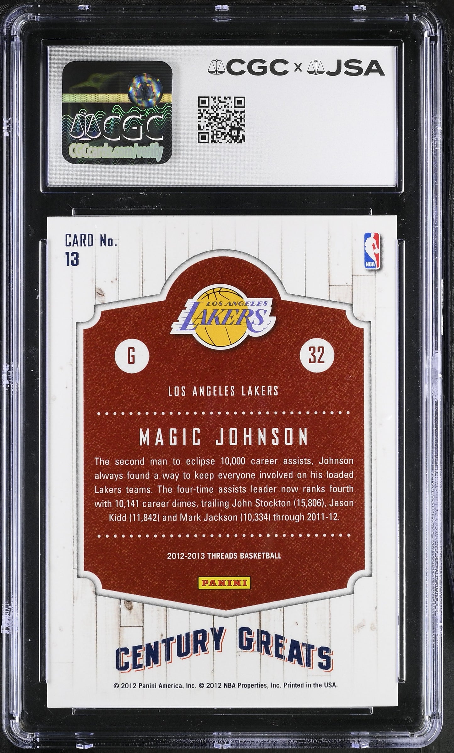 Magic Johnson 2012-13 Panini Threads Signed/Auto Card #13 CGC x JSA BA206499