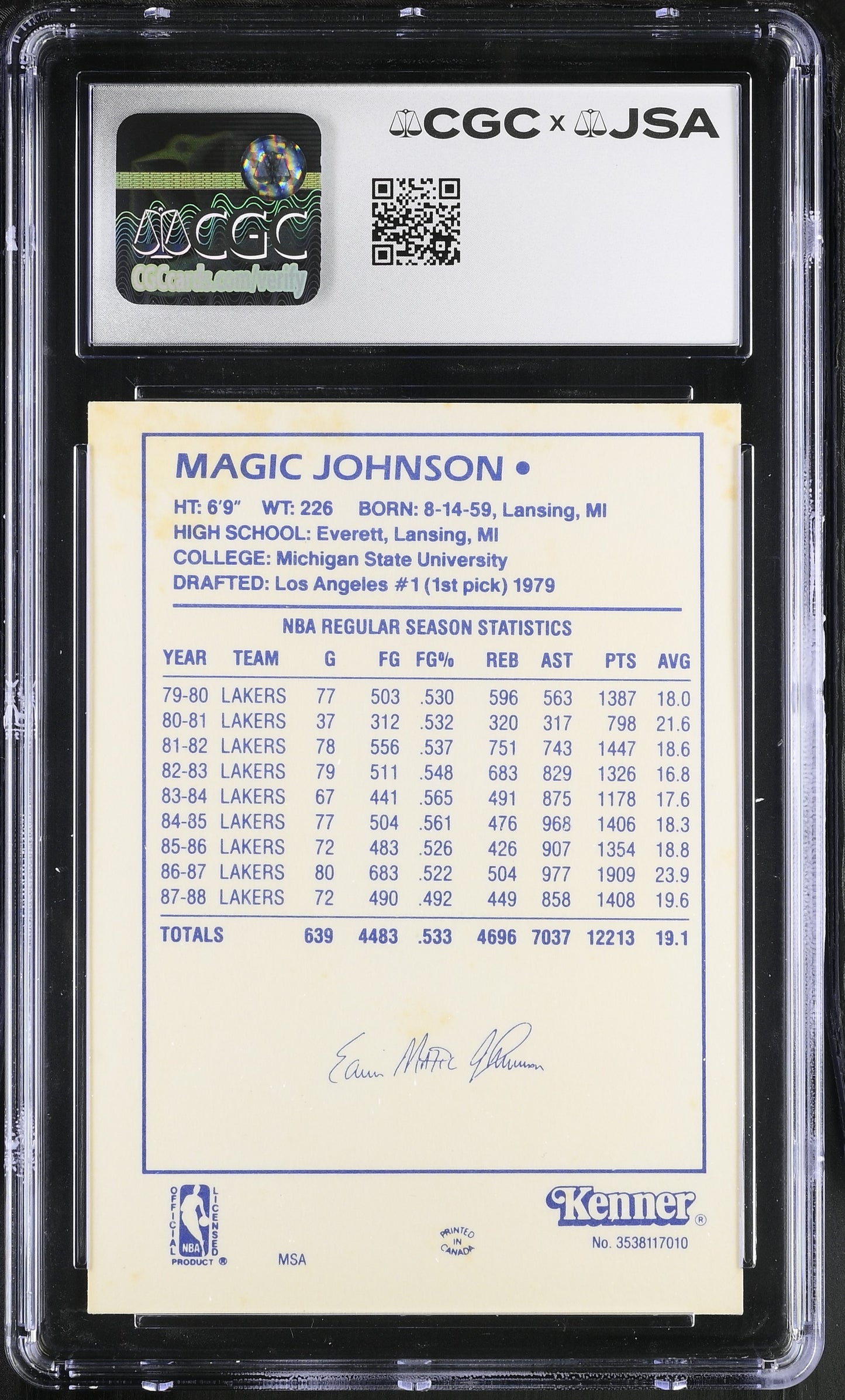 Magic Johnson 1988 Kenner Starting Lineup Signed/Auto Card CGC x JSA 10 BA206506