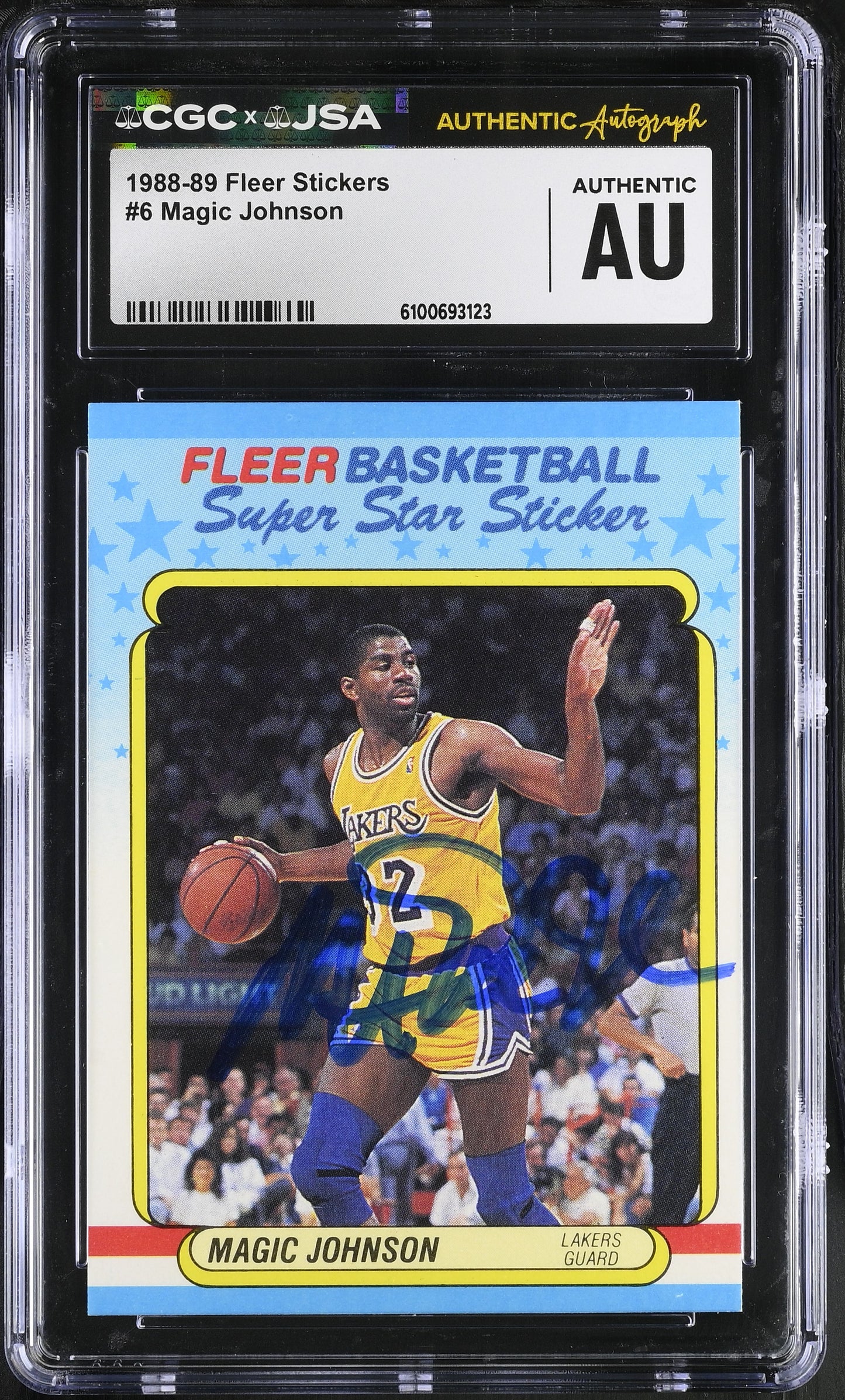 Magic Johnson 1988-89 Fleer Stickers Signed/Auto Card #6 CGC x JSA BA206511