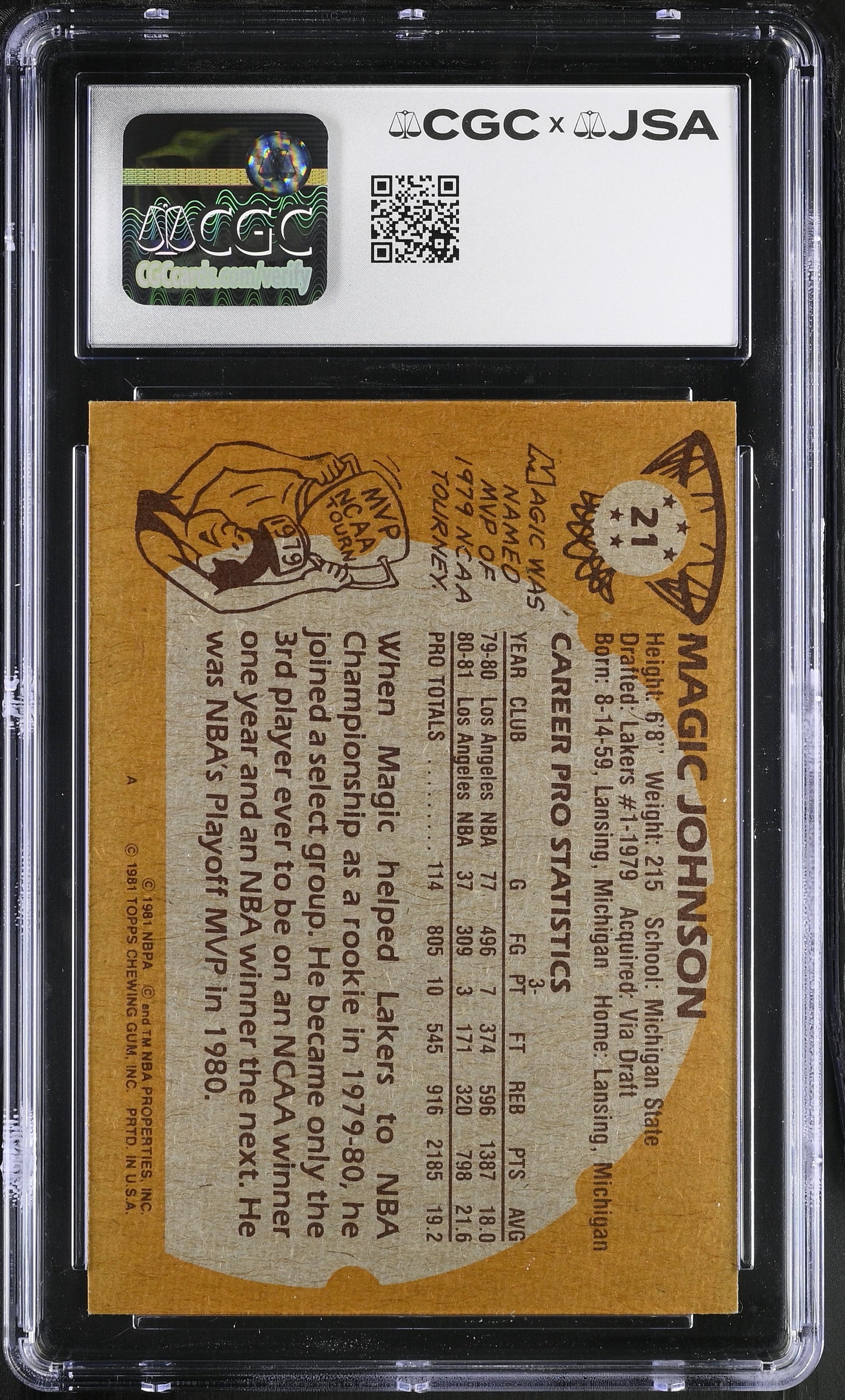 Magic Johnson 1981-82 Topps Signed/Autographed Card #21 CGC x JSA 10 BA206513