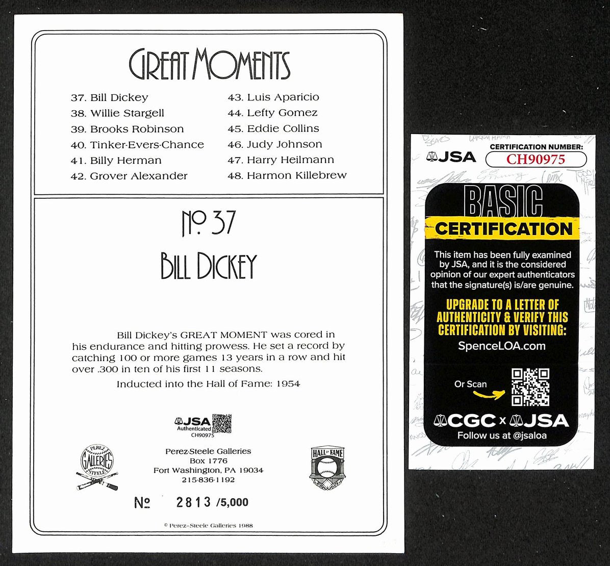 Bill Dickey HOF Signed/Auto 1988 Perez Steele Great Moments #37 Card JSA 205869