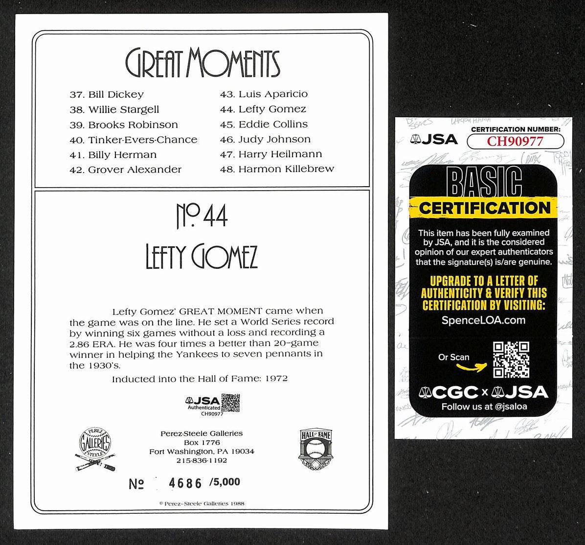 Lefty Gomez HOF Signed/Auto 1988 Perez Steele Great Moments #44 Card JSA 205871