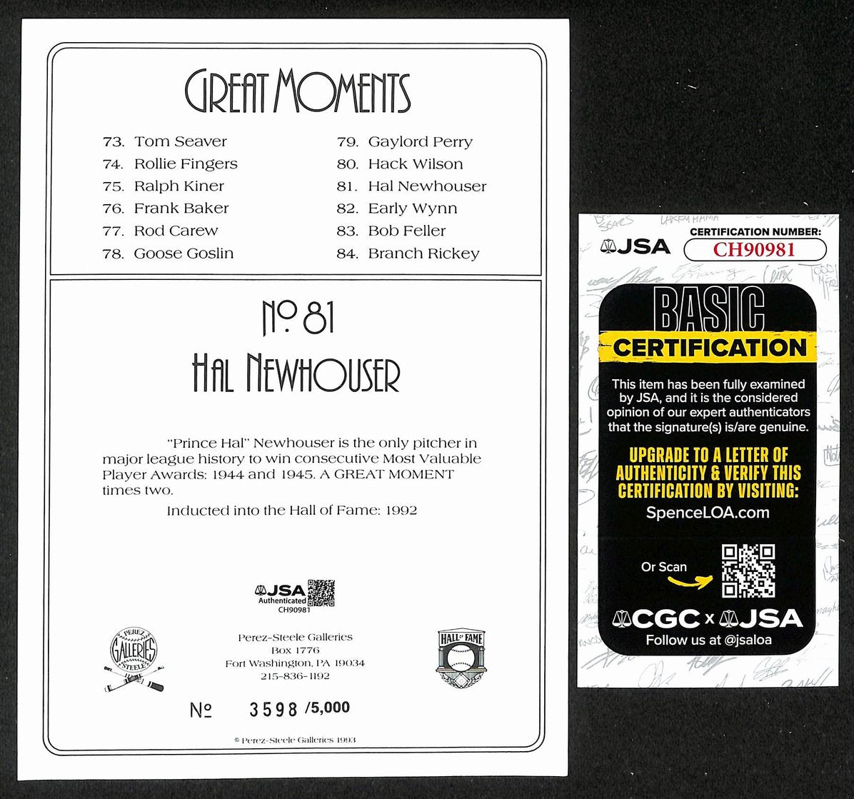 Hal Newhouser HOF Signed/Auto 1993 Perez Steele Great Moments #81 Card JSA