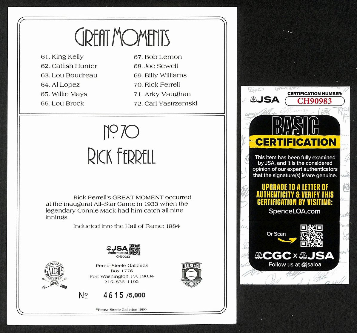 Rick Ferrell HOF Signed/Auto 1990 Perez Steele Great Moments #70 Card JSA 205877