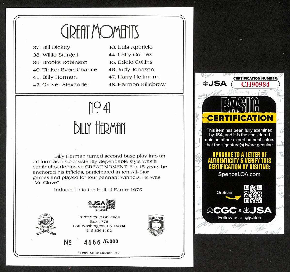 Billy Herman HOF Signed/Auto 1988 Perez Steele Great Moments #41 Card JSA 205878