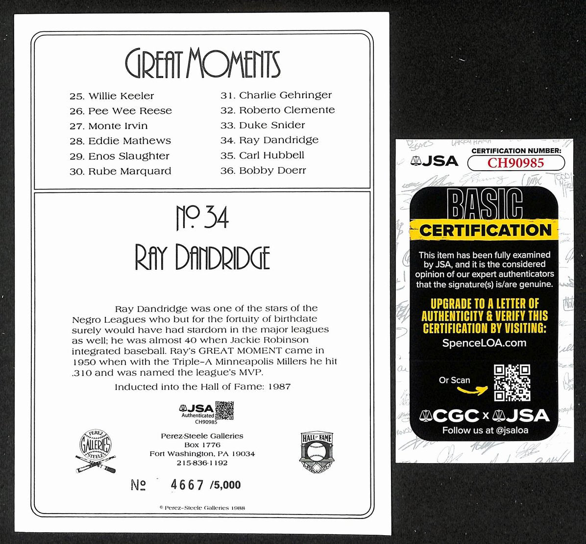 Ray Dandridge HOF Signed/Auto 1988 Perez Steele Great Moments #34 Card JSA