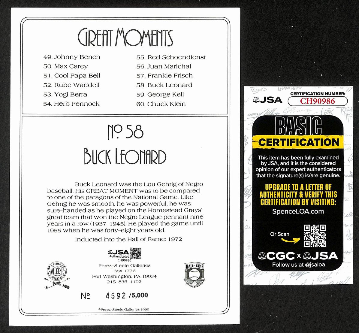 Buck Leonard HOF Signed/Auto 1990 Perez Steele Great Moments #58 Card JSA 205880