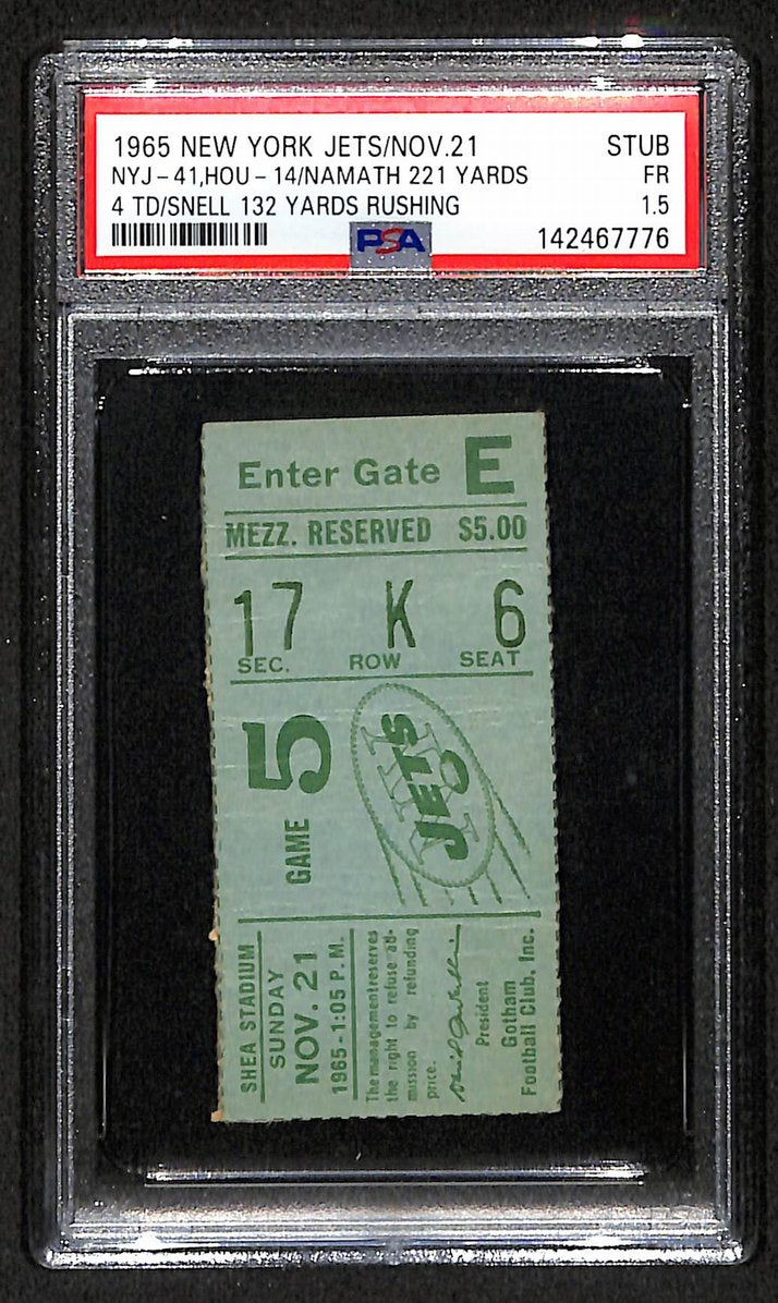 Joe Namath HOF New York Jets 1965 Ticket Stub 4 TD's vs. Houston PSA/DNA FR-1.5