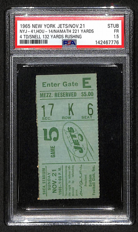 Joe Namath HOF New York Jets 1965 Ticket Stub 4 TD's vs. Houston PSA/DNA FR-1.5