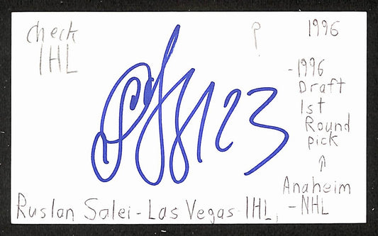 Ruslan Salei Signed/Autographed 3x5 Index Card Detroit Red Wings JSA BA205525