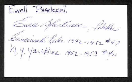 Ewell Blackwell Signed/Autographed 3x5 Index Card Reds JSA BA205571