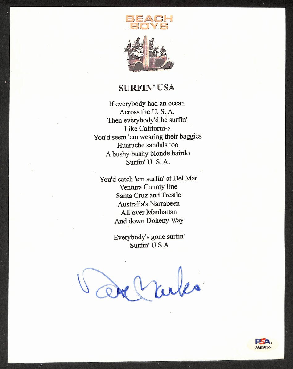Dave Marks Beach Boys Signed 8.5x11 Lyrics Sheet "Surfin USA" PSA/DNA 205924