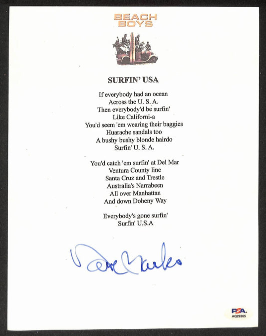Dave Marks Beach Boys Signed 8.5x11 Lyrics Sheet "Surfin USA" PSA/DNA 205924
