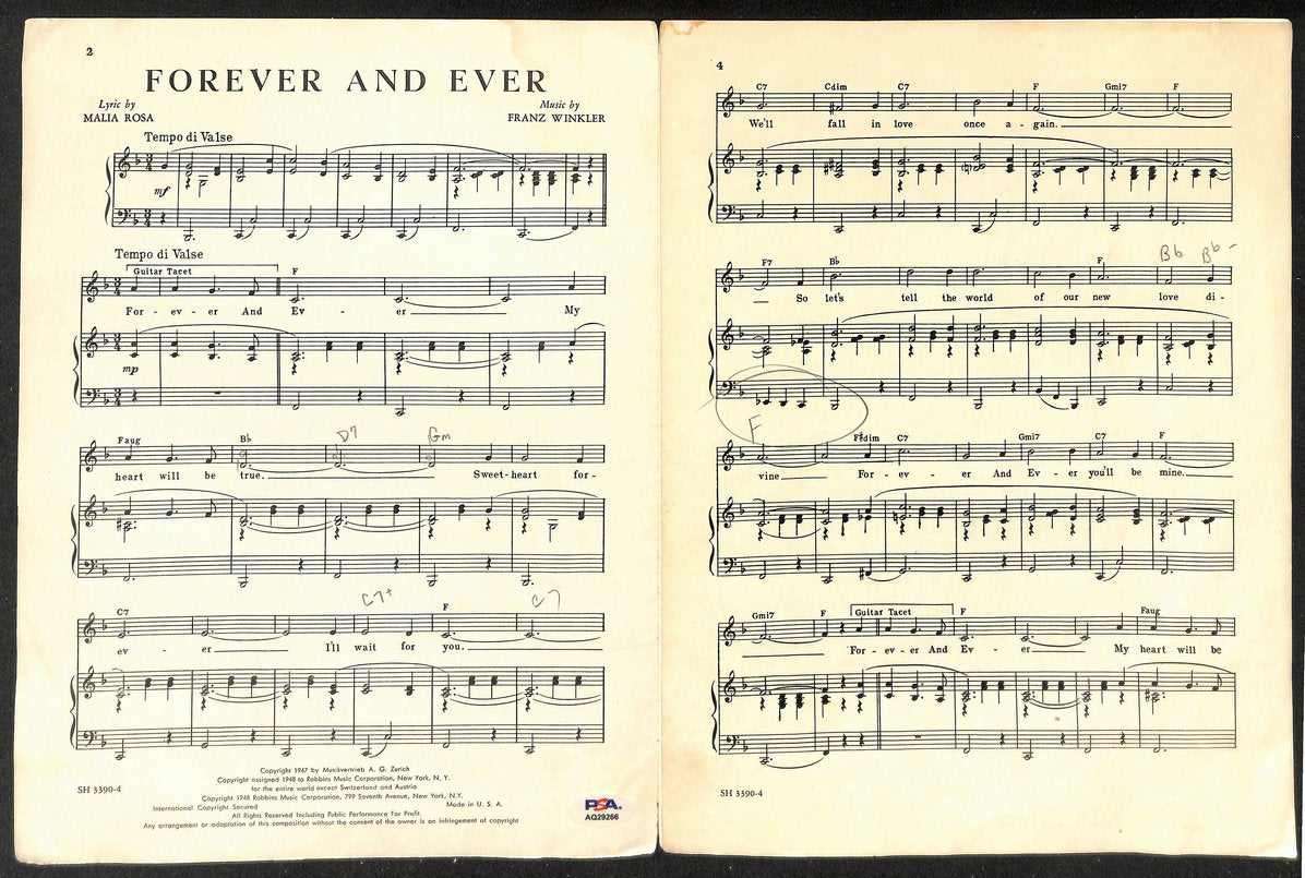 Perry Como Signed/Inscribed 9x12 Sheet Music "Forever and Ever" PSA/DNA 205948