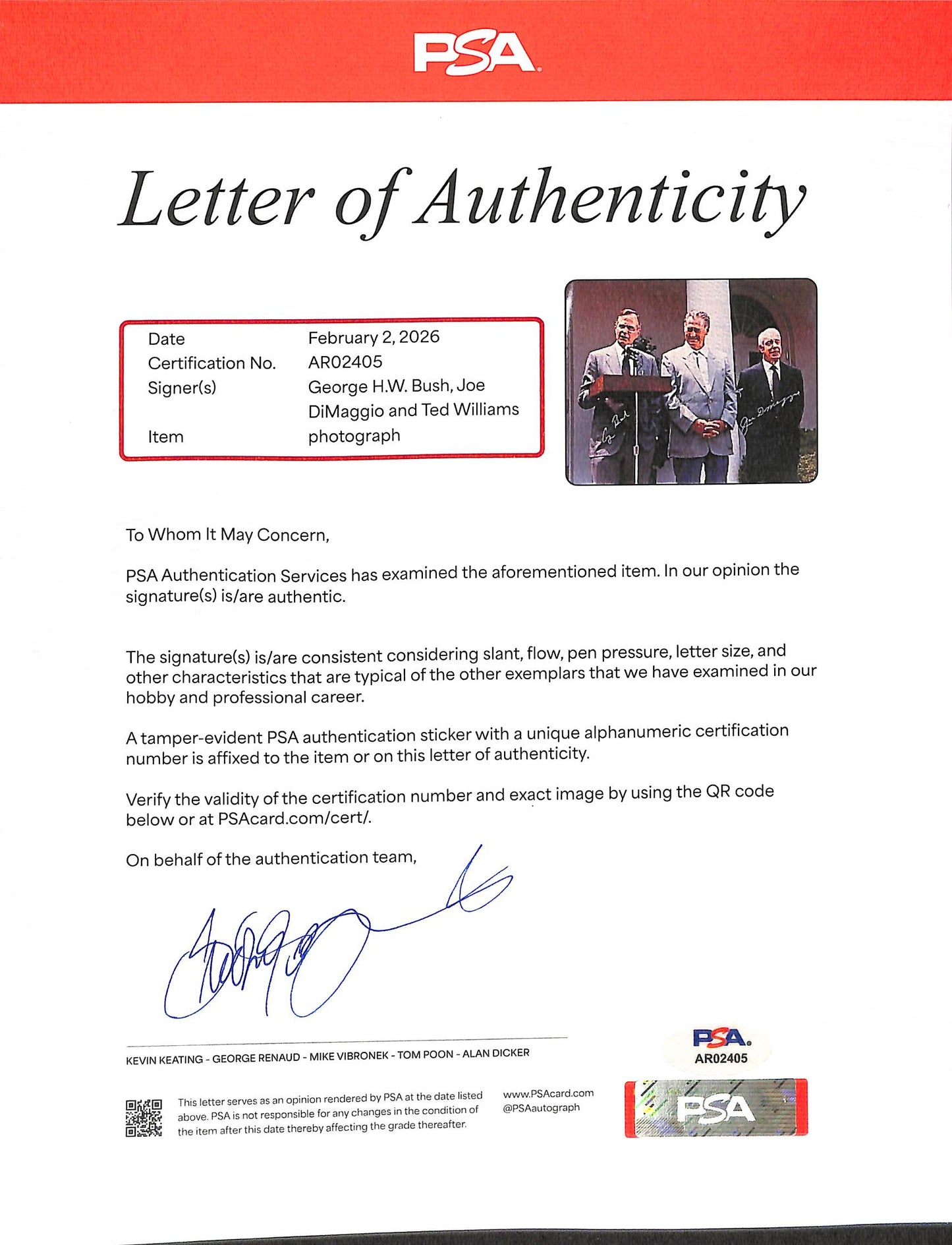 George H.W. Bush/Joe DiMaggio/Ted Williams Signed 16x20 Photo PSA/DNA 205660