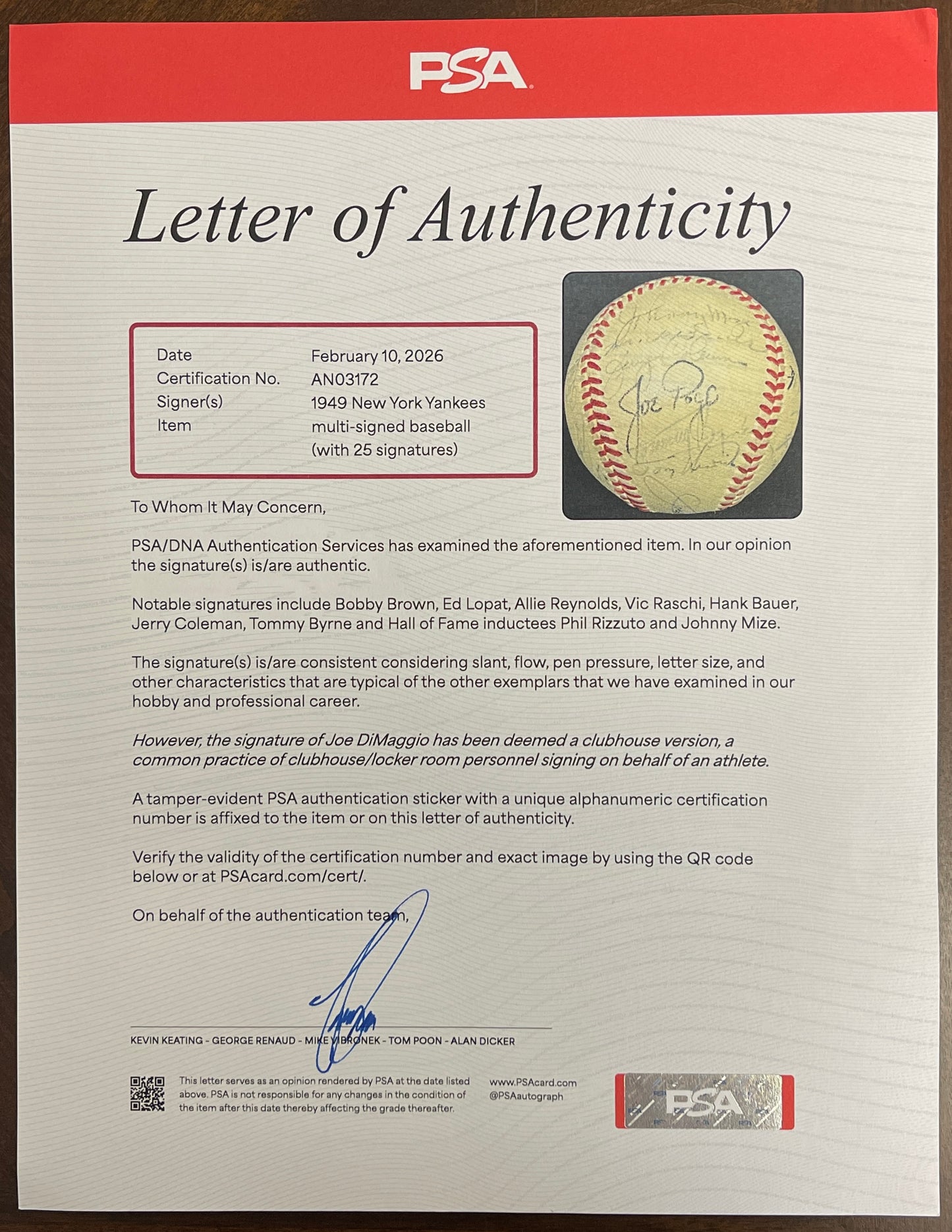 1949 New York Yankees Multi-Signed/Auto (25) Signs OAL Baseball PSA/DNA 206059