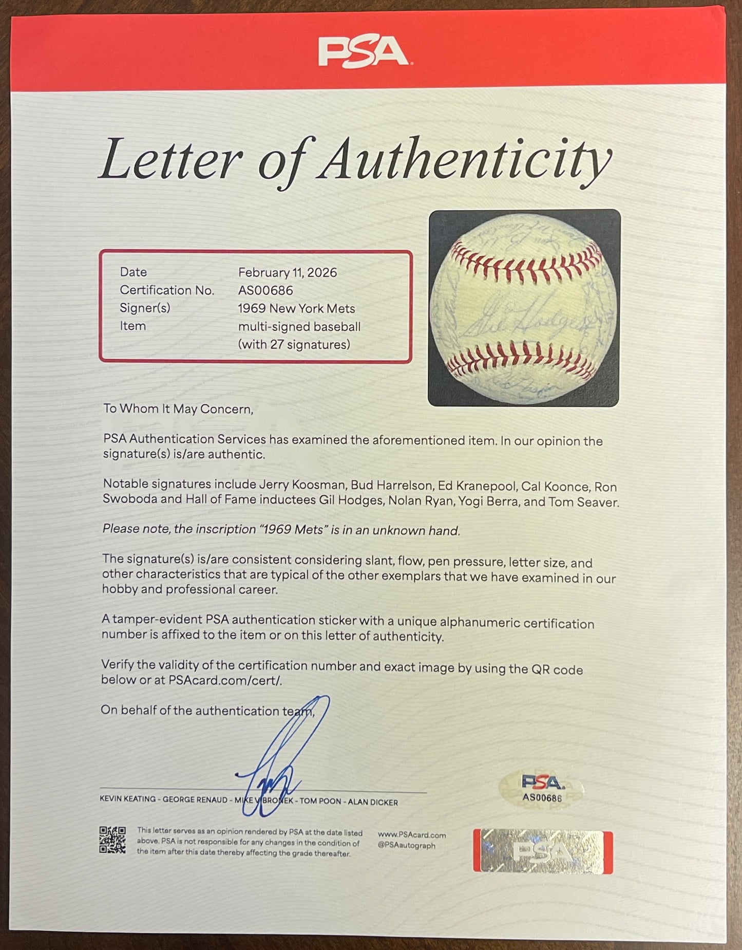 1969 New York Mets Multi-Signed/Auto (27) Signs ONL Baseball PSA/DNA 206060