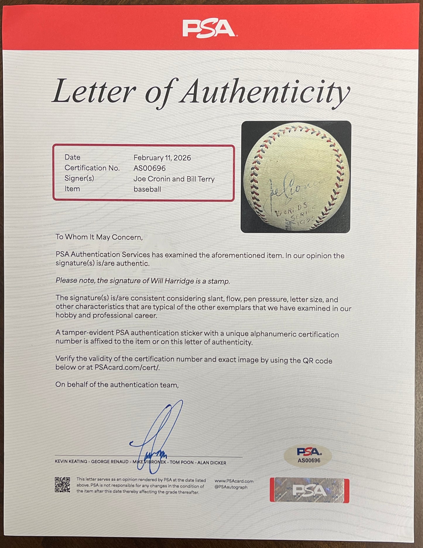 Joe Cronin/Bill Terry Signed/Auto OAL Baseball Will Harridge Stmp PSA/DNA 206061