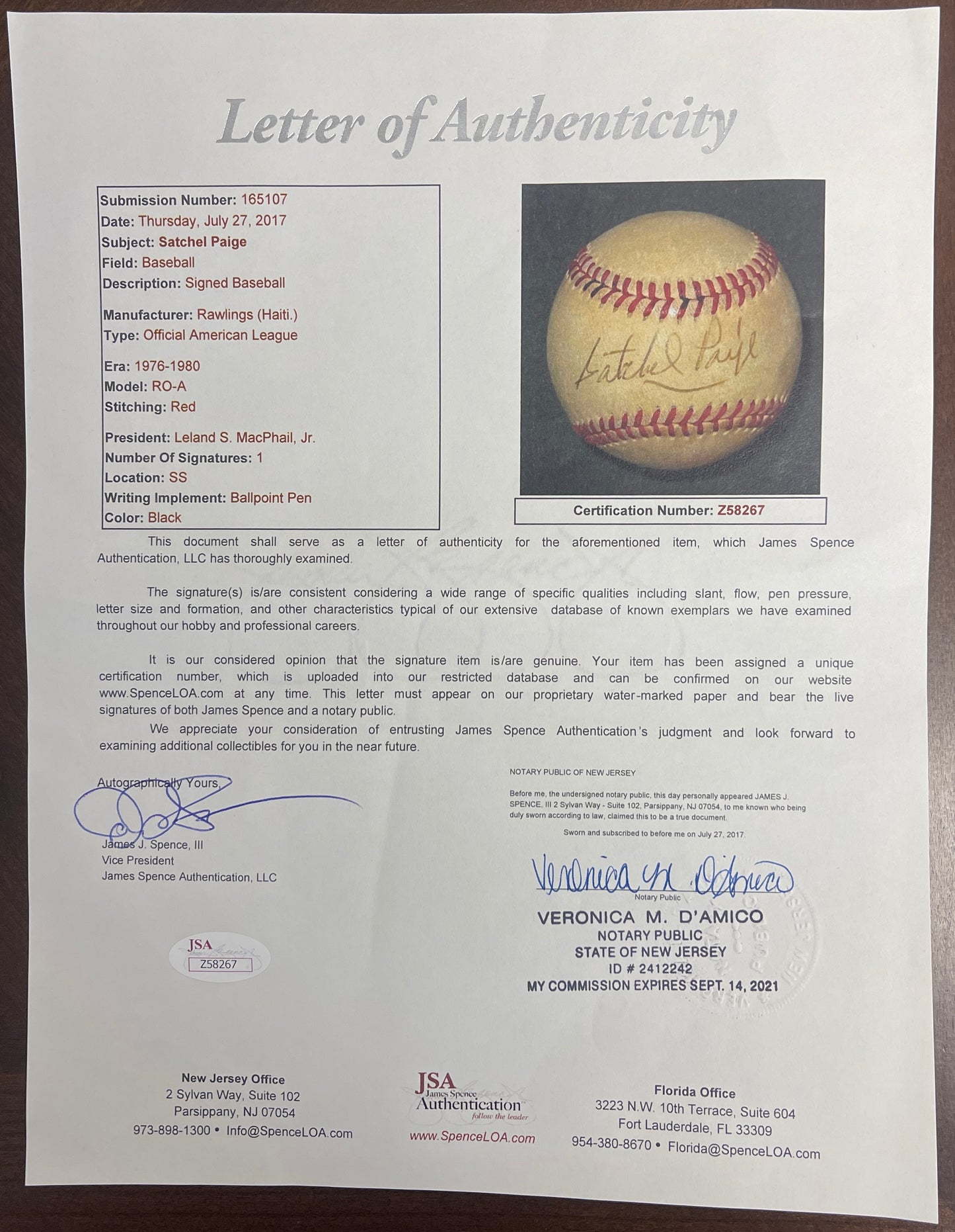 Satchel Paige HOF Single Signed/Auto OAL/McPhail Baseball Athletics JSA 206064