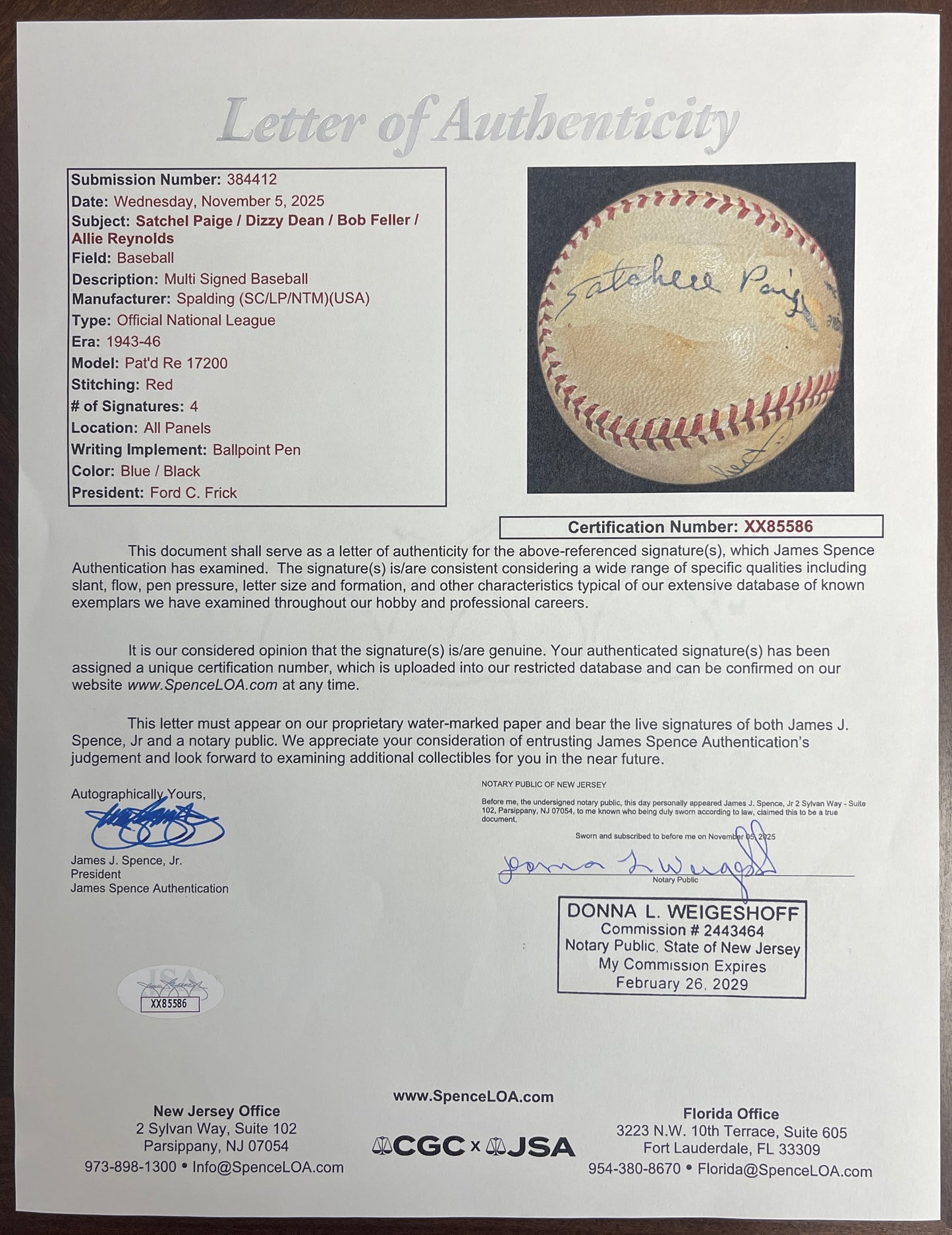 Satchel Paige/Dean/Feller/Reynolds Signed/Auto ONL/Frick Baseball JSA 206065