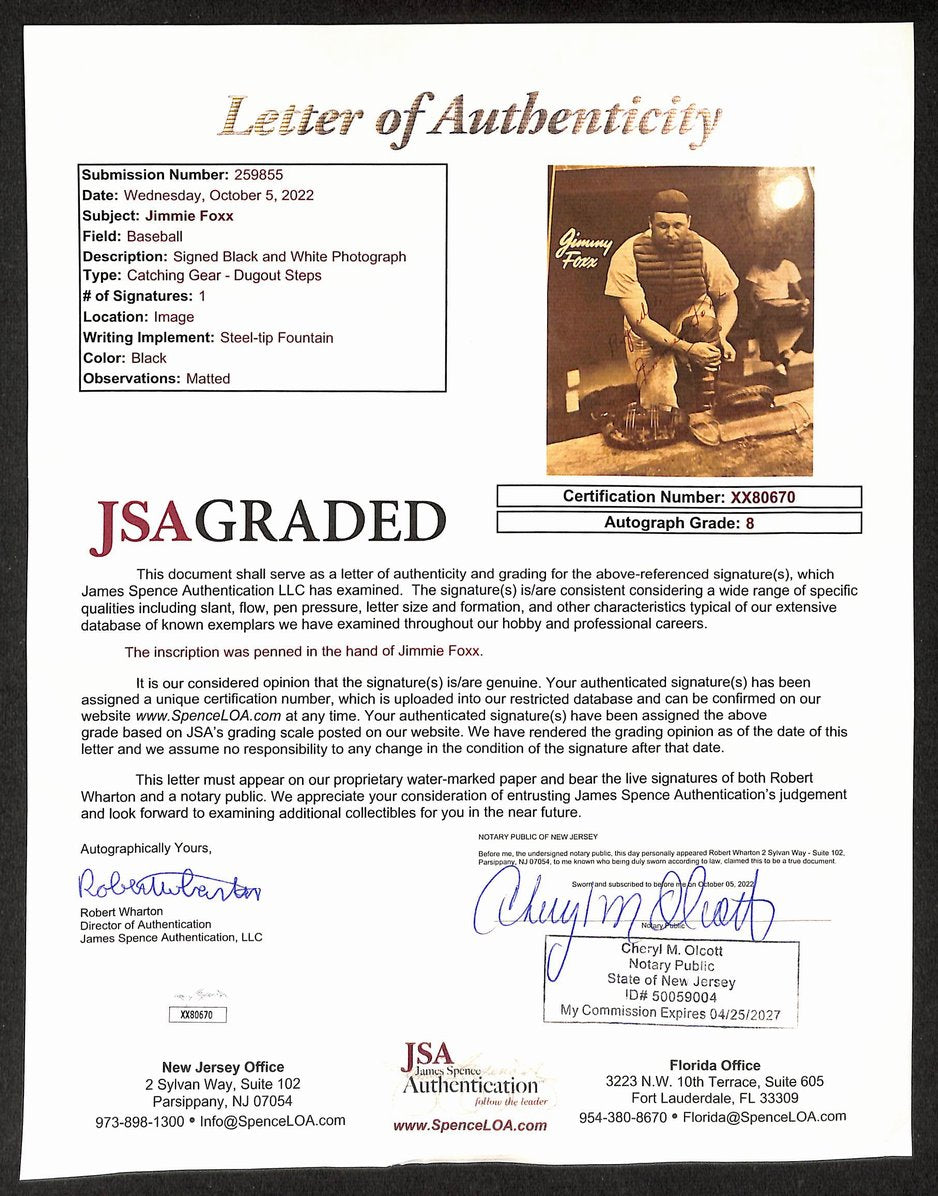 Jimmie Foxx HOF Signed/Inscr 8x10 Photo Phila. Athletics PSA/DNA NM-MT 8 206084