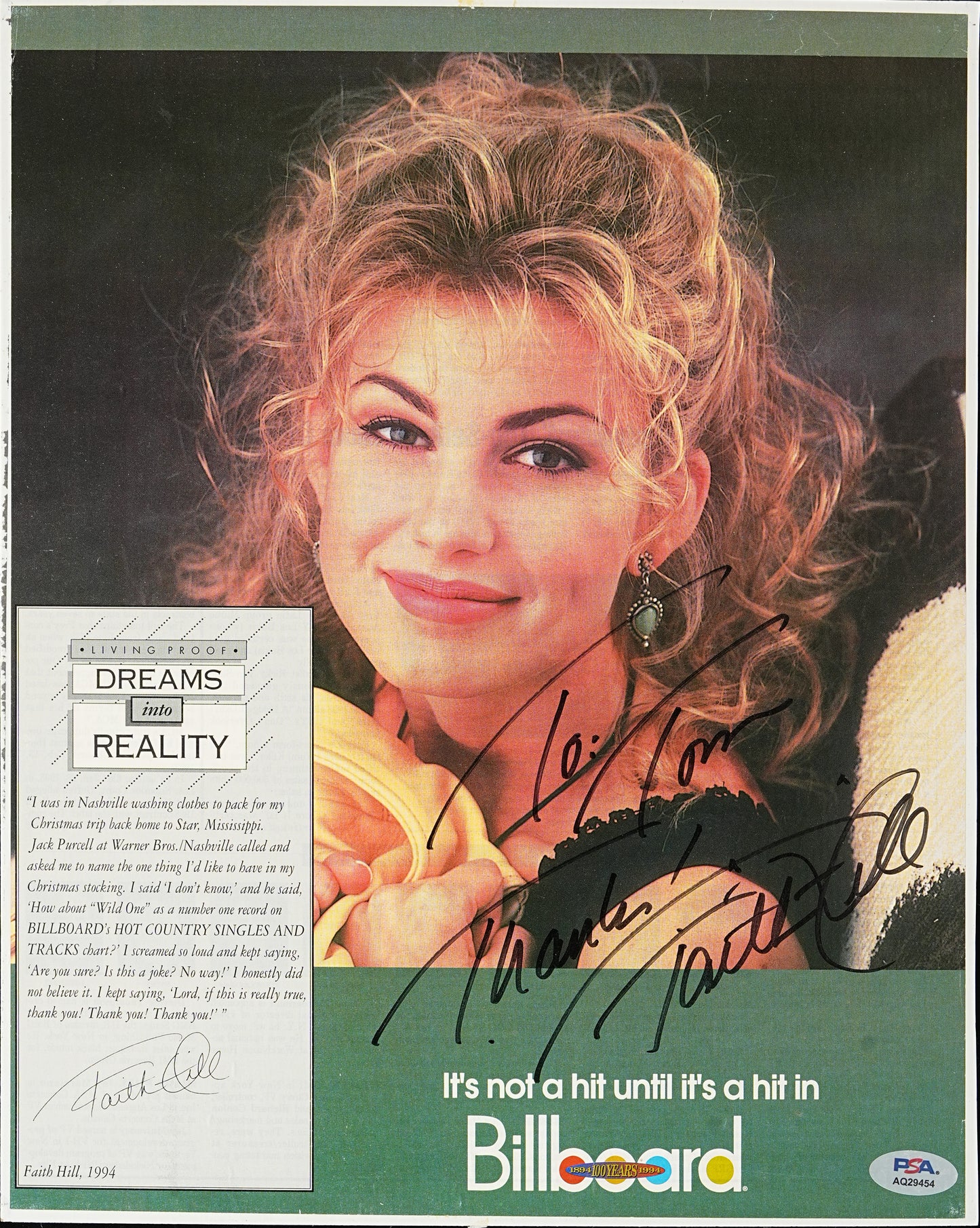Faith Hill Performer Signed/Inscribed 11x14 Magazine Photo 1994 PSA/DNA 205149