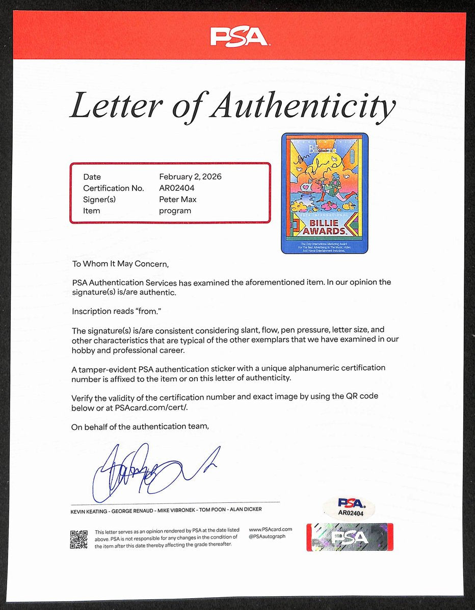 Peter Max Signed/Auto 1994 International Billie Awards Program PSA/DNA 205143