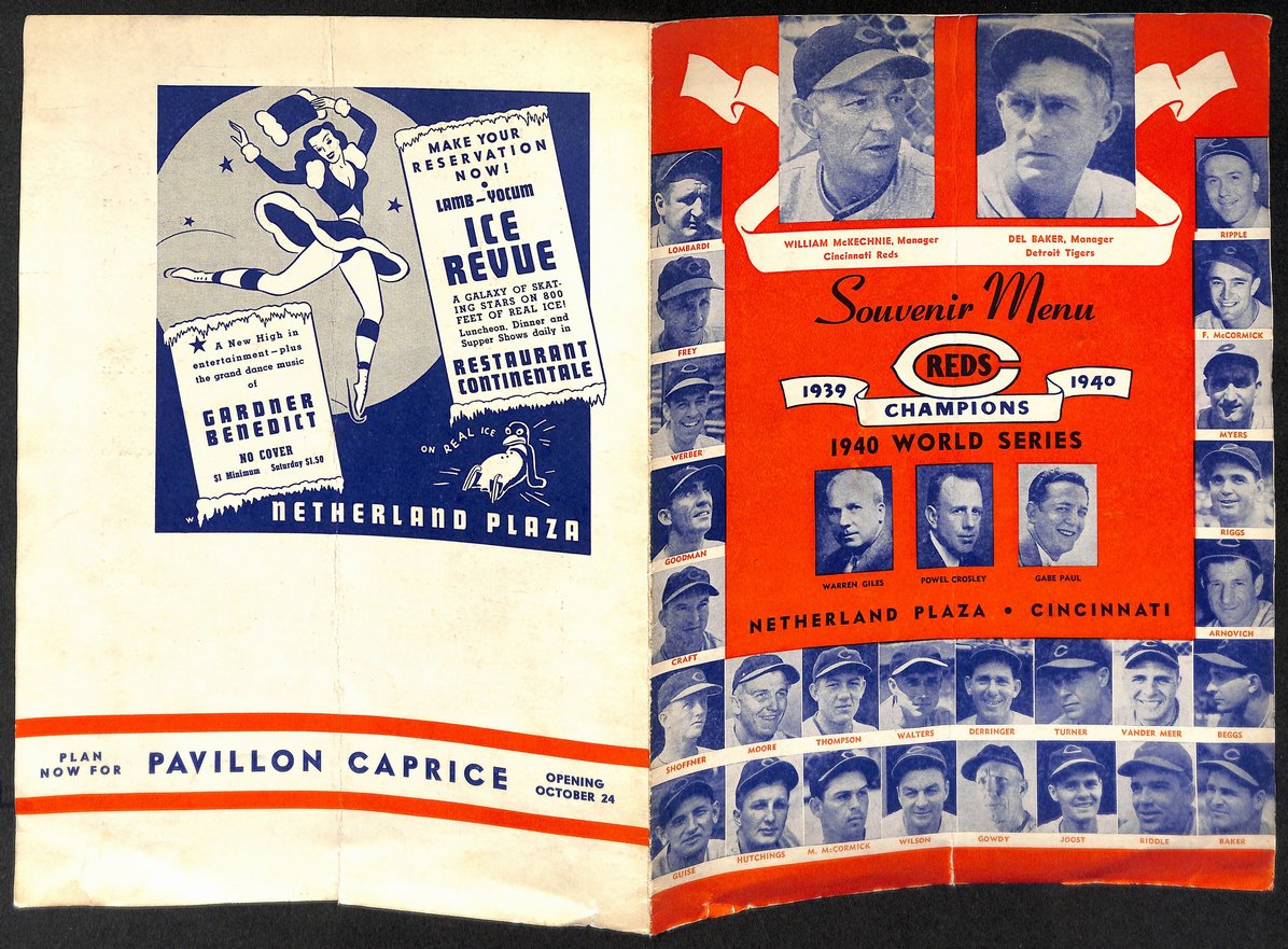 Souvenir Menu Netherland Plaza Cincinnati Reds 1940 World Series Champs 206093