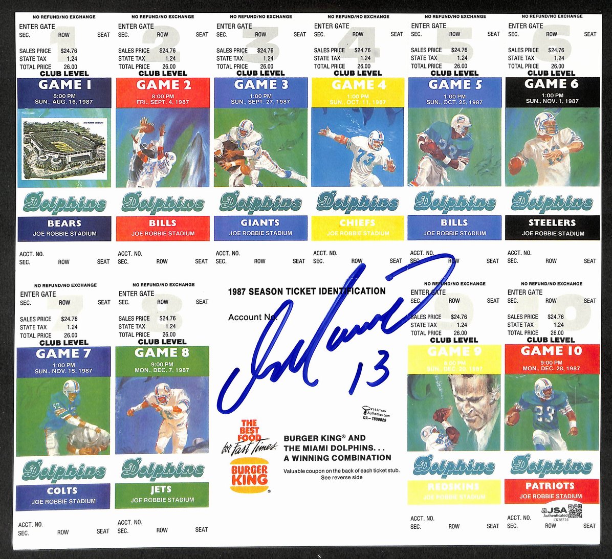 Dan Marino HOF Signed/Autographed 1987 Season Ticket Unused Sheet JSA 206107