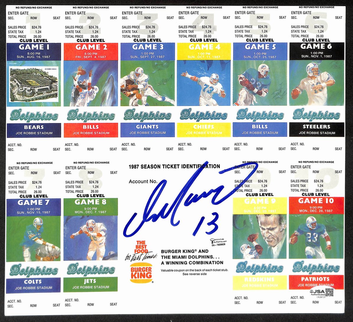 Dan Marino HOF Signed/Autographed 1987 Season Ticket Unused Sheet JSA 206108