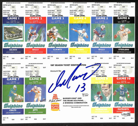 Dan Marino HOF Signed/Autographed 1987 Season Ticket Unused Sheet JSA 206108