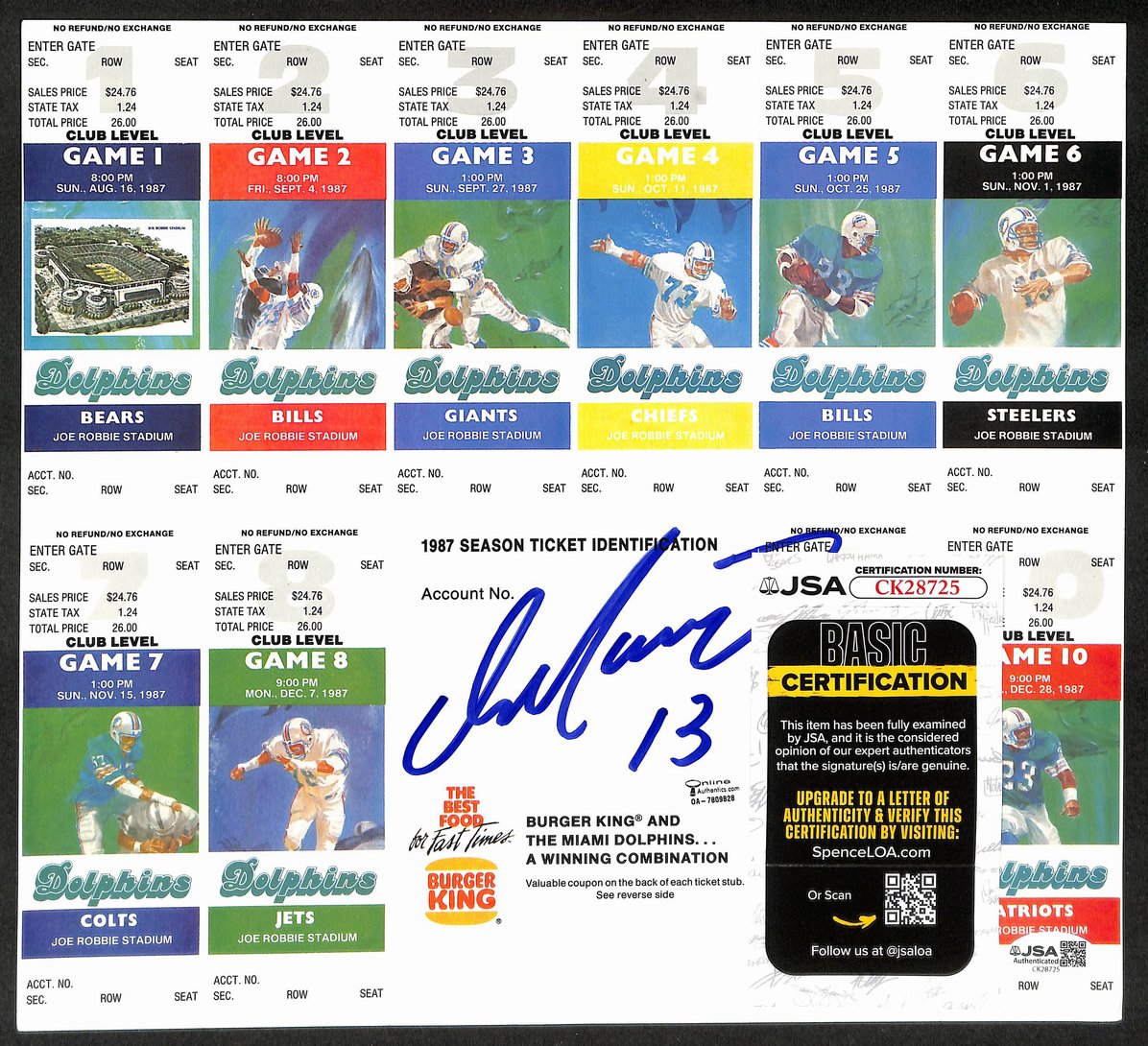Dan Marino HOF Signed/Autographed 1987 Season Ticket Unused Sheet JSA 206108