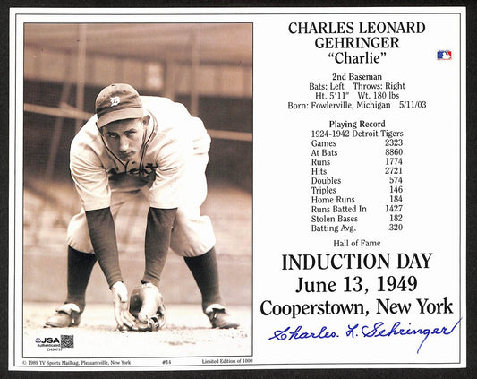Charlie Gehringer HOF Signed/Autographed 8x10 Photo Detroit Tigers JSA 206110