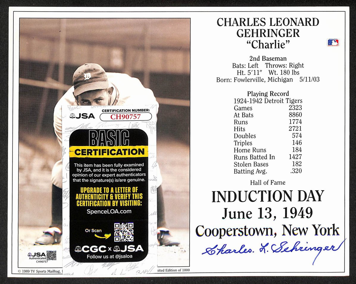 Charlie Gehringer HOF Signed/Autographed 8x10 Photo Detroit Tigers JSA 206110