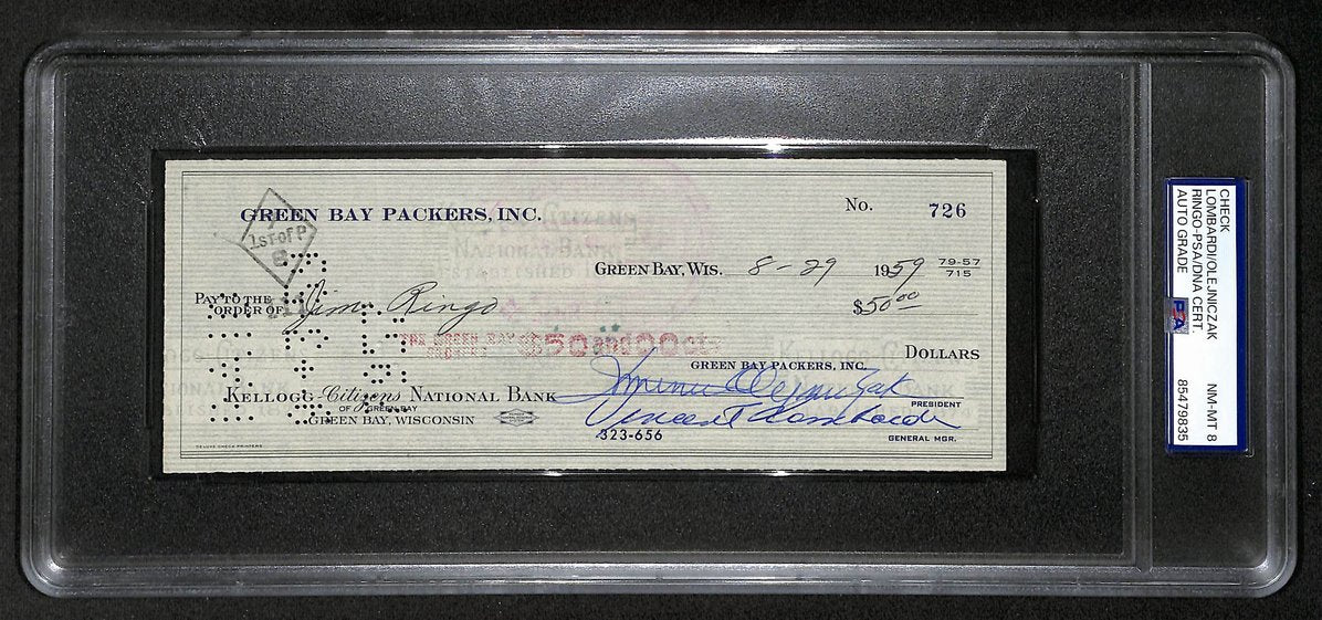 Dominic Olejniczak/Vince Lombardi/Jim Ringo Signed Bank Check PSA/DNA 206092