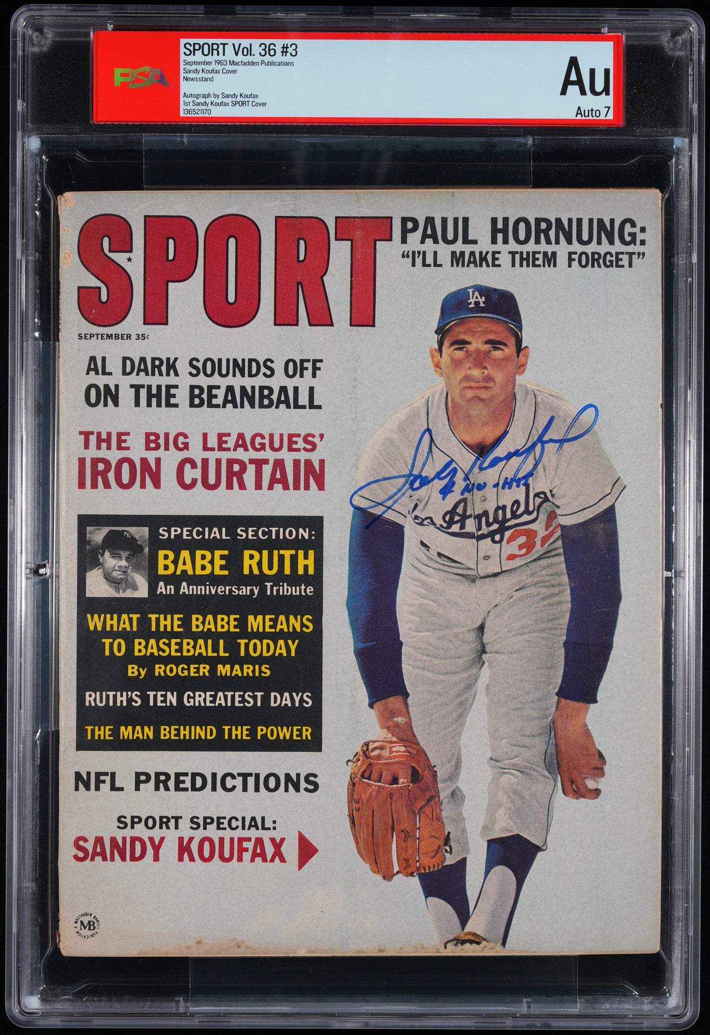 Sandy Koufax HOF Signed/Inscr 1963 SPORT Magazine NO LABEL AUTO 7 PSA/DNA