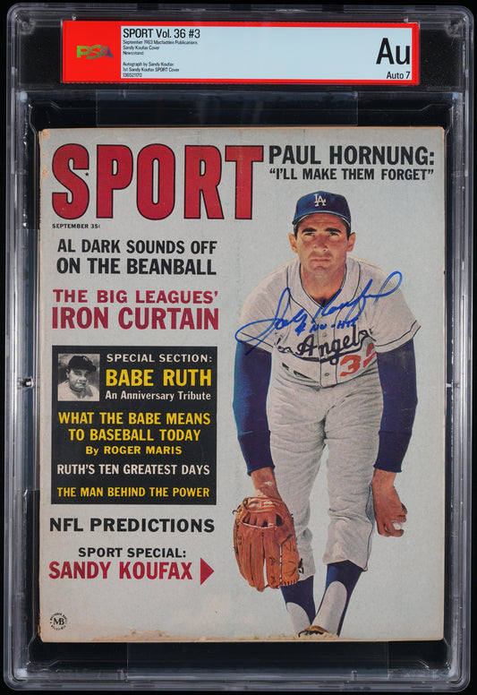 Sandy Koufax HOF Signed/Inscr 1963 SPORT Magazine NO LABEL AUTO 7 PSA/DNA