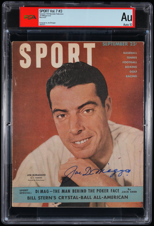 Joe DiMaggio HOF Signed 1949 SPORT Magazine NO LABEL AUTO 10 PSA/DNA 206080