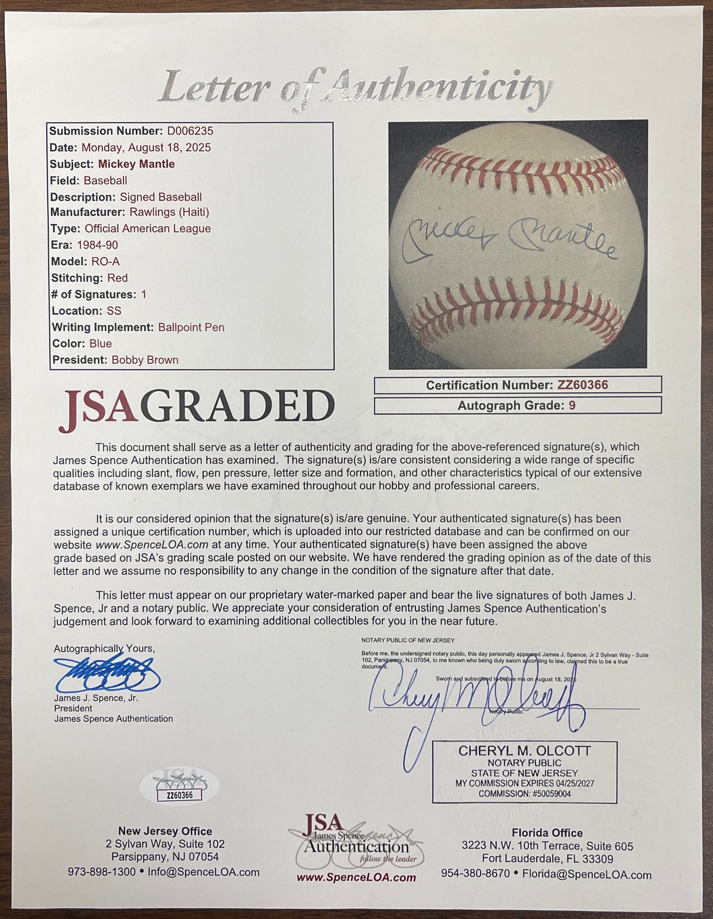 Mickey Mantle Single-Signed/Auto OAL/Brown Baseball Full JSA LOA AUTO 9   205156